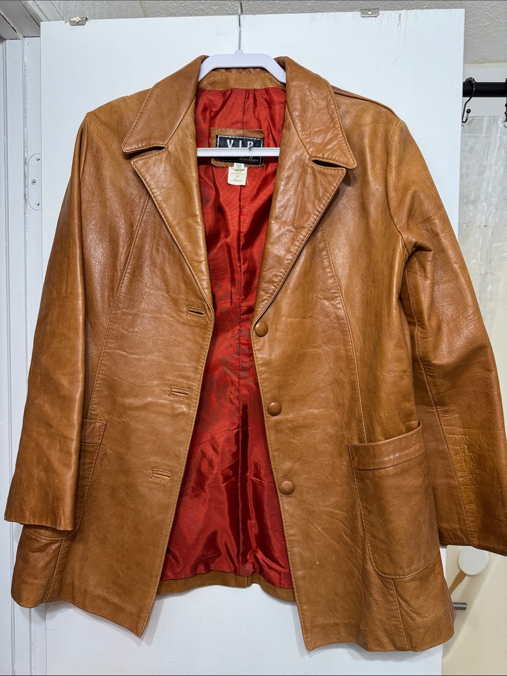 VIP Tan Leather Jacket with Red Satin Lining